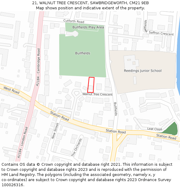 21, WALNUT TREE CRESCENT, SAWBRIDGEWORTH, CM21 9EB: Location map and indicative extent of plot