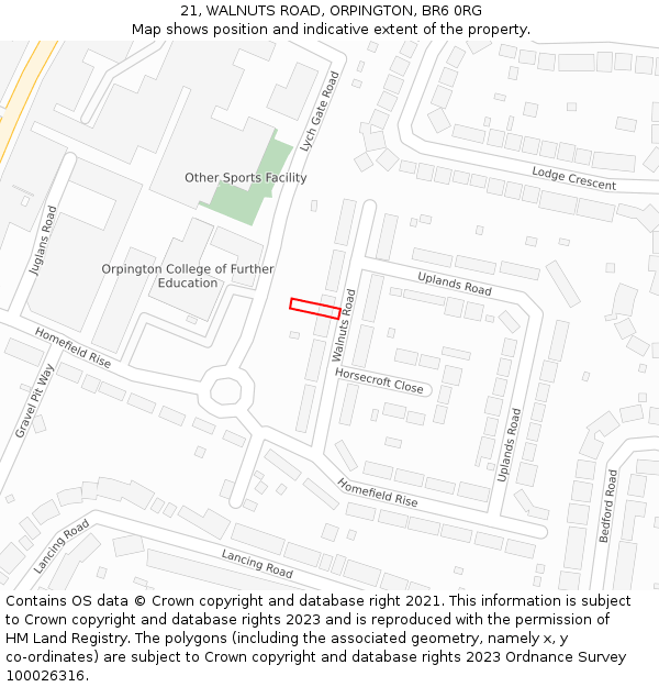 21, WALNUTS ROAD, ORPINGTON, BR6 0RG: Location map and indicative extent of plot