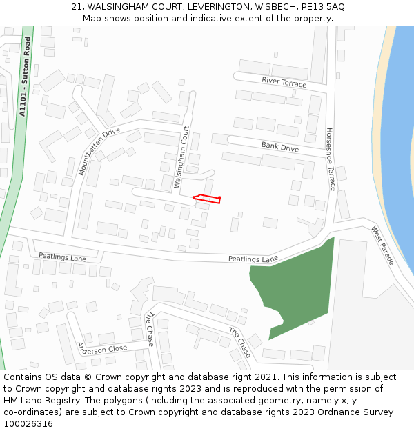 21, WALSINGHAM COURT, LEVERINGTON, WISBECH, PE13 5AQ: Location map and indicative extent of plot