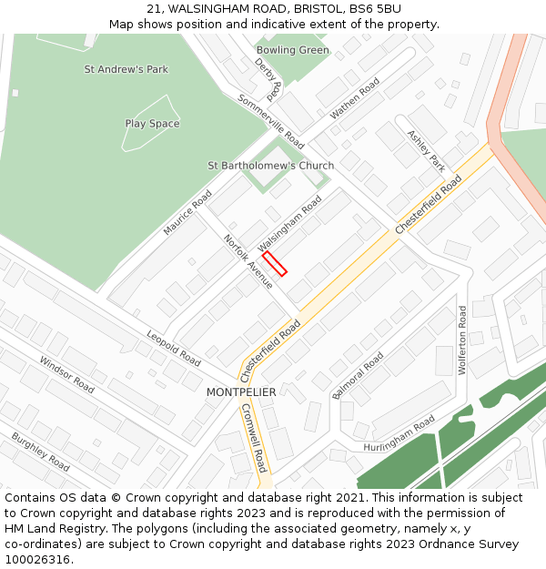 21, WALSINGHAM ROAD, BRISTOL, BS6 5BU: Location map and indicative extent of plot