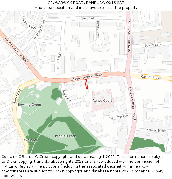 21, WARWICK ROAD, BANBURY, OX16 2AB: Location map and indicative extent of plot