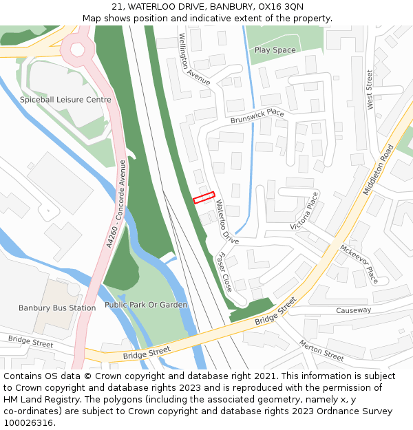 21, WATERLOO DRIVE, BANBURY, OX16 3QN: Location map and indicative extent of plot