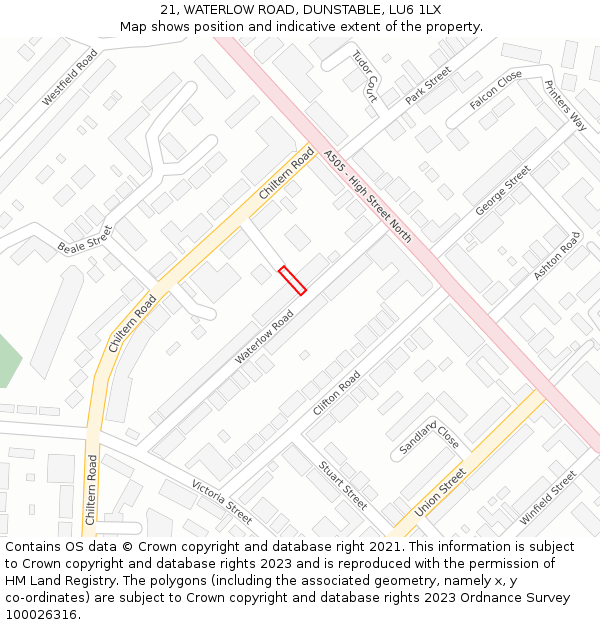 21, WATERLOW ROAD, DUNSTABLE, LU6 1LX: Location map and indicative extent of plot