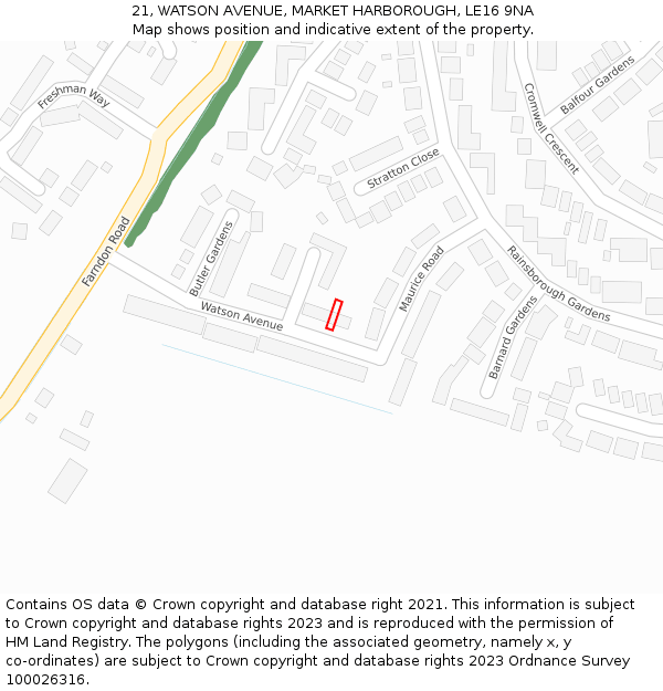 21, WATSON AVENUE, MARKET HARBOROUGH, LE16 9NA: Location map and indicative extent of plot