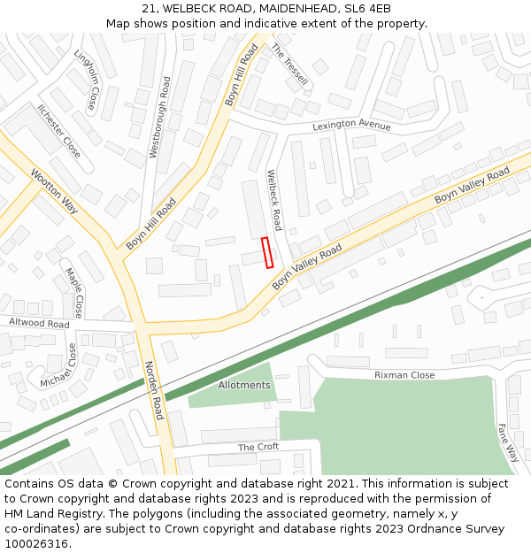 21, WELBECK ROAD, MAIDENHEAD, SL6 4EB: Location map and indicative extent of plot