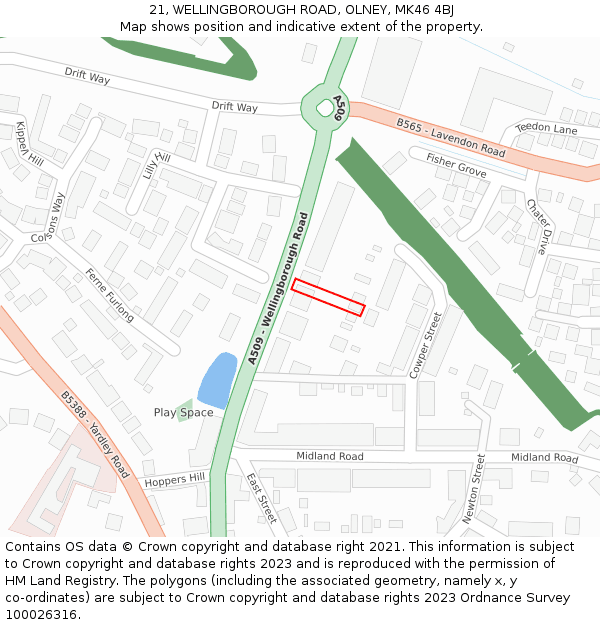 21, WELLINGBOROUGH ROAD, OLNEY, MK46 4BJ: Location map and indicative extent of plot