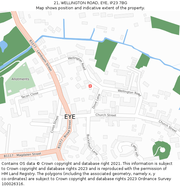 21, WELLINGTON ROAD, EYE, IP23 7BG: Location map and indicative extent of plot