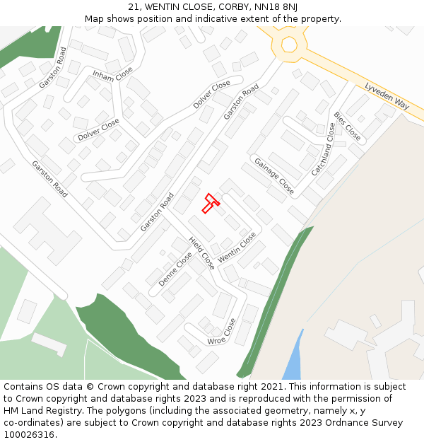 21, WENTIN CLOSE, CORBY, NN18 8NJ: Location map and indicative extent of plot