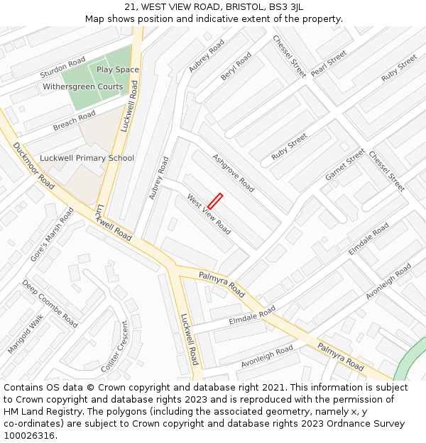 21, WEST VIEW ROAD, BRISTOL, BS3 3JL: Location map and indicative extent of plot