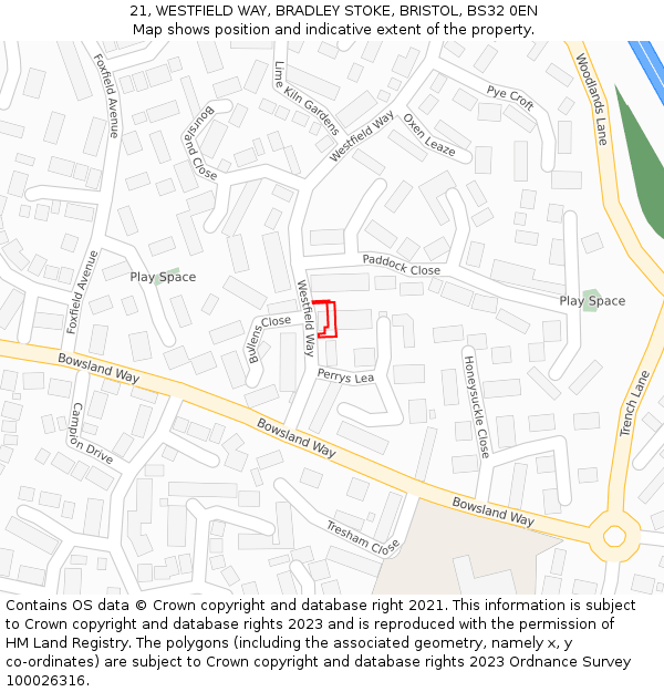 21, WESTFIELD WAY, BRADLEY STOKE, BRISTOL, BS32 0EN: Location map and indicative extent of plot