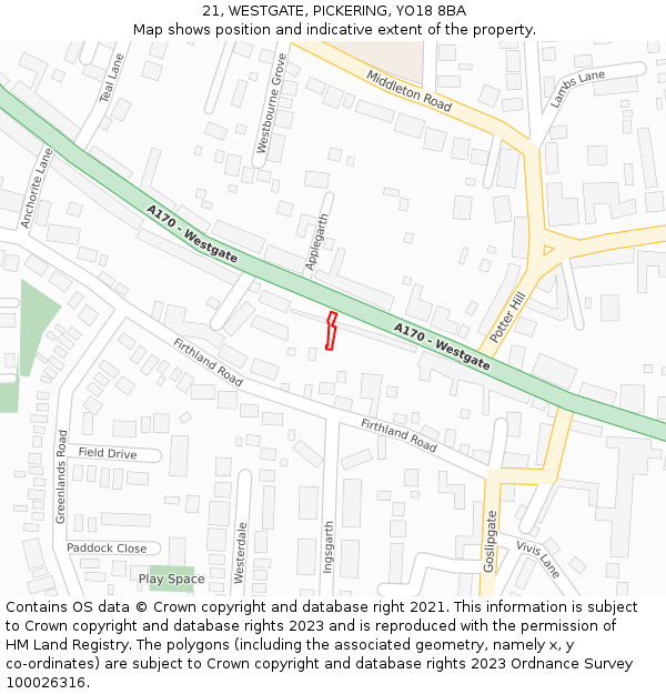 21, WESTGATE, PICKERING, YO18 8BA: Location map and indicative extent of plot