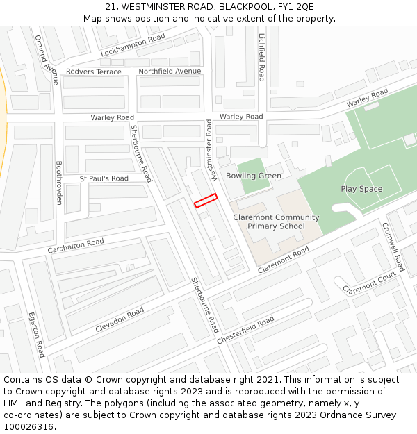 21, WESTMINSTER ROAD, BLACKPOOL, FY1 2QE: Location map and indicative extent of plot