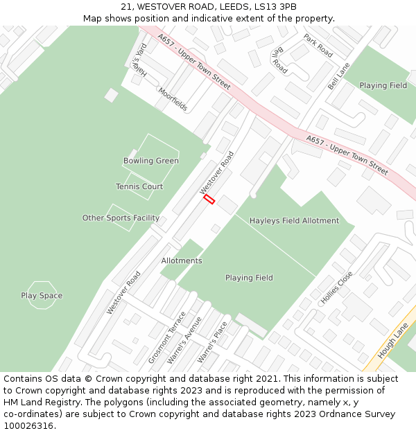 21, WESTOVER ROAD, LEEDS, LS13 3PB: Location map and indicative extent of plot