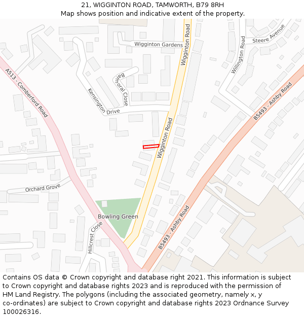 21, WIGGINTON ROAD, TAMWORTH, B79 8RH: Location map and indicative extent of plot