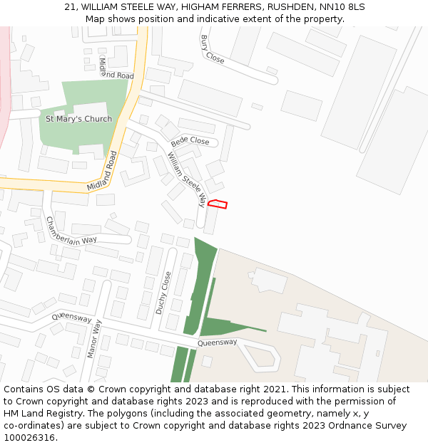21, WILLIAM STEELE WAY, HIGHAM FERRERS, RUSHDEN, NN10 8LS: Location map and indicative extent of plot