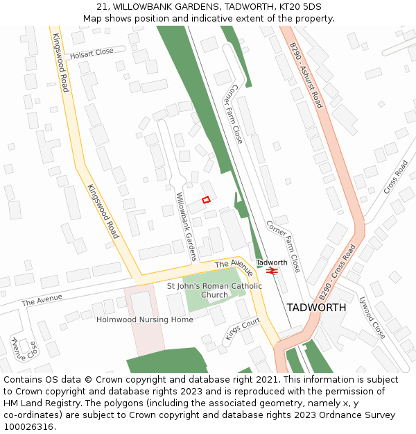 21, WILLOWBANK GARDENS, TADWORTH, KT20 5DS: Location map and indicative extent of plot