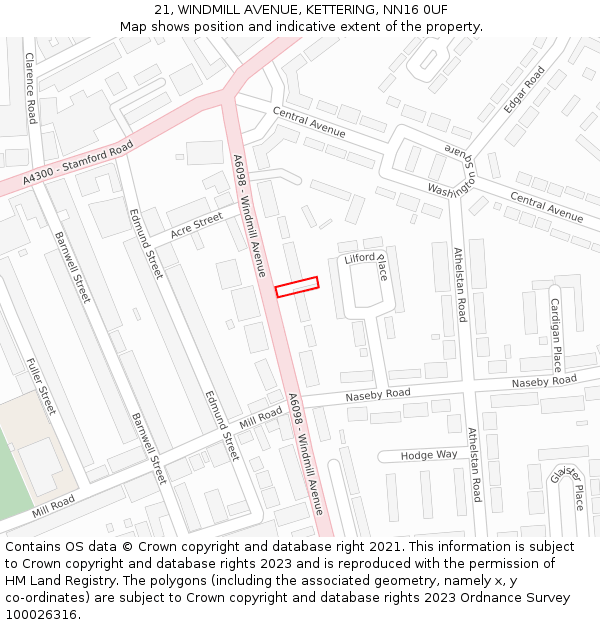 21, WINDMILL AVENUE, KETTERING, NN16 0UF: Location map and indicative extent of plot