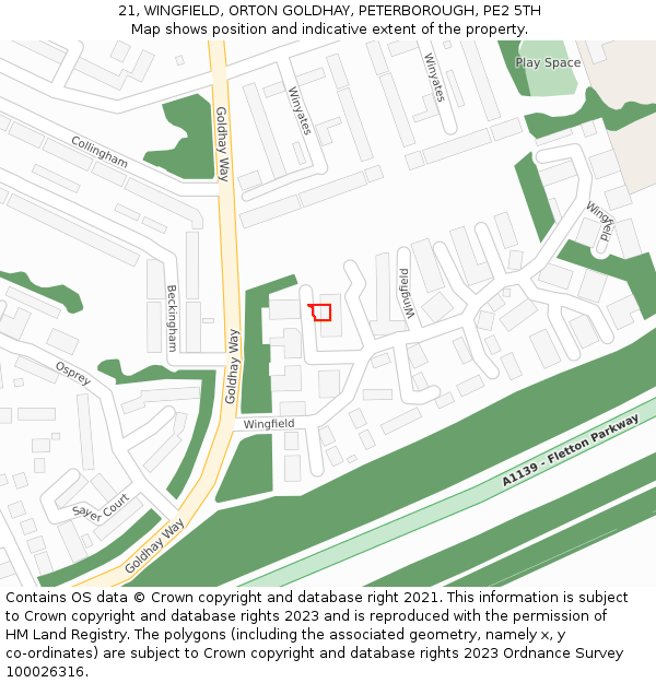21, WINGFIELD, ORTON GOLDHAY, PETERBOROUGH, PE2 5TH: Location map and indicative extent of plot