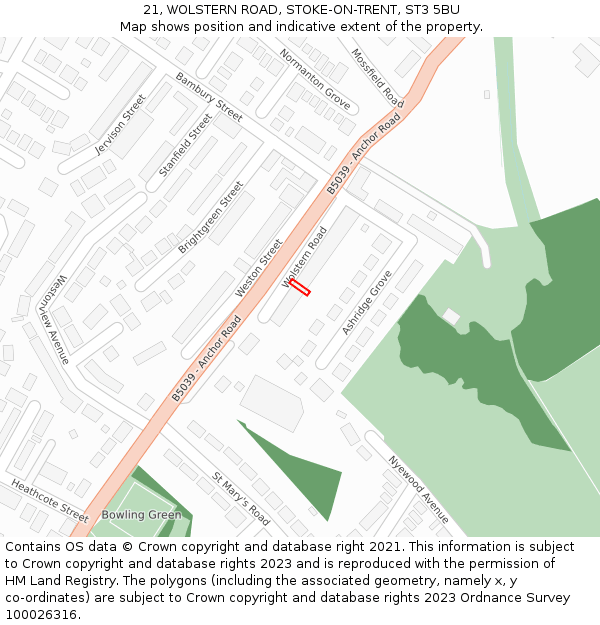21, WOLSTERN ROAD, STOKE-ON-TRENT, ST3 5BU: Location map and indicative extent of plot