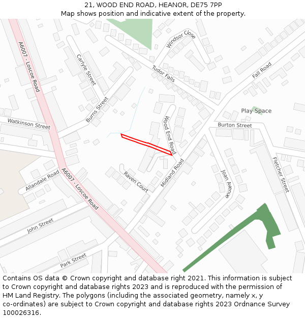 21, WOOD END ROAD, HEANOR, DE75 7PP: Location map and indicative extent of plot