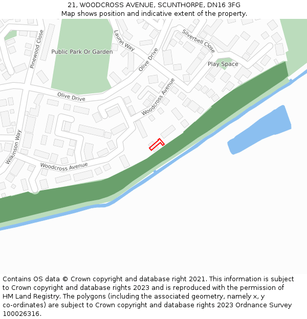 21, WOODCROSS AVENUE, SCUNTHORPE, DN16 3FG: Location map and indicative extent of plot