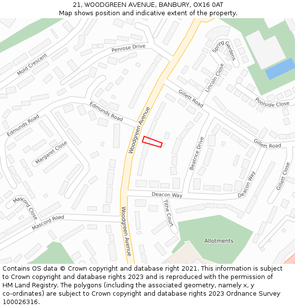 21, WOODGREEN AVENUE, BANBURY, OX16 0AT: Location map and indicative extent of plot