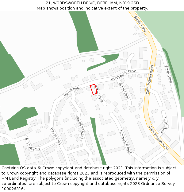 21, WORDSWORTH DRIVE, DEREHAM, NR19 2SB: Location map and indicative extent of plot
