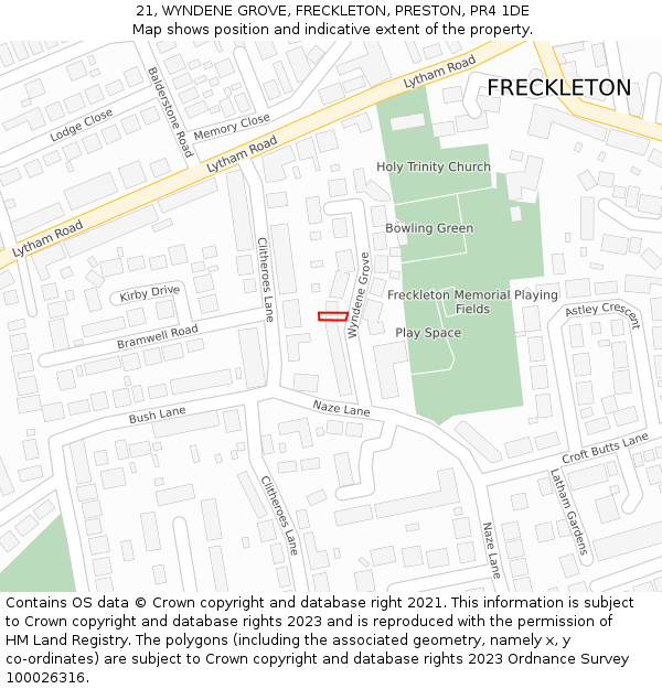 21, WYNDENE GROVE, FRECKLETON, PRESTON, PR4 1DE: Location map and indicative extent of plot