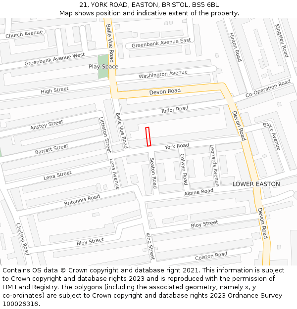 21, YORK ROAD, EASTON, BRISTOL, BS5 6BL: Location map and indicative extent of plot