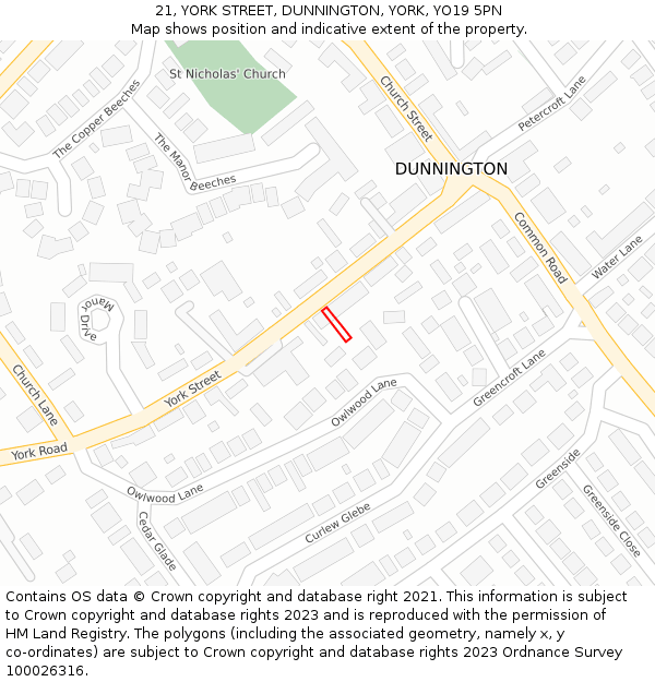21, YORK STREET, DUNNINGTON, YORK, YO19 5PN: Location map and indicative extent of plot