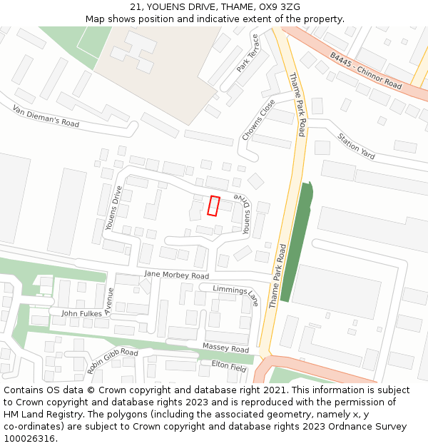 21, YOUENS DRIVE, THAME, OX9 3ZG: Location map and indicative extent of plot
