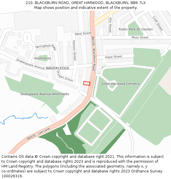 210, BLACKBURN ROAD, GREAT HARWOOD, BLACKBURN, BB6 7LX: Location map and indicative extent of plot