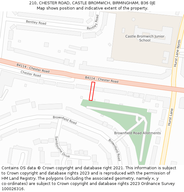 210, CHESTER ROAD, CASTLE BROMWICH, BIRMINGHAM, B36 0JE: Location map and indicative extent of plot