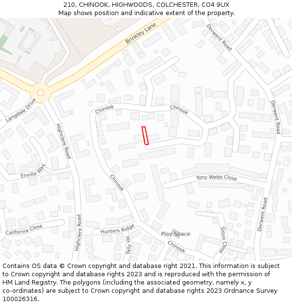 210, CHINOOK, HIGHWOODS, COLCHESTER, CO4 9UX: Location map and indicative extent of plot