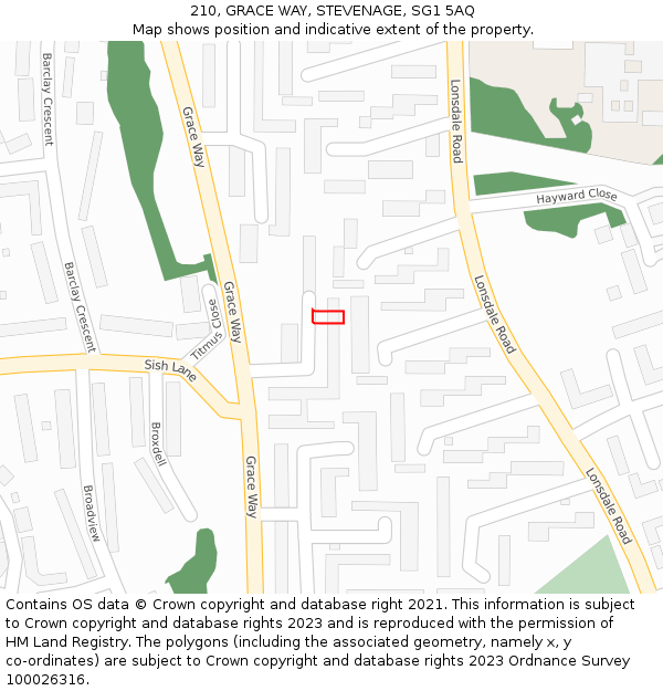 210, GRACE WAY, STEVENAGE, SG1 5AQ: Location map and indicative extent of plot
