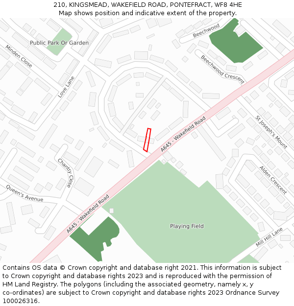 210, KINGSMEAD, WAKEFIELD ROAD, PONTEFRACT, WF8 4HE: Location map and indicative extent of plot