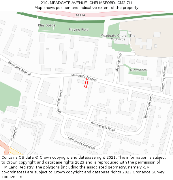 210, MEADGATE AVENUE, CHELMSFORD, CM2 7LL: Location map and indicative extent of plot