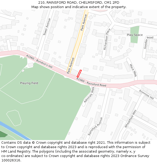 210, RAINSFORD ROAD, CHELMSFORD, CM1 2PD: Location map and indicative extent of plot