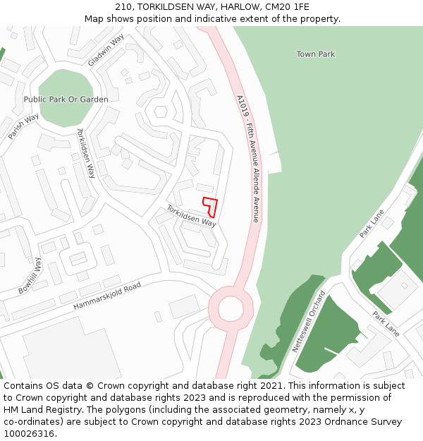 210, TORKILDSEN WAY, HARLOW, CM20 1FE: Location map and indicative extent of plot