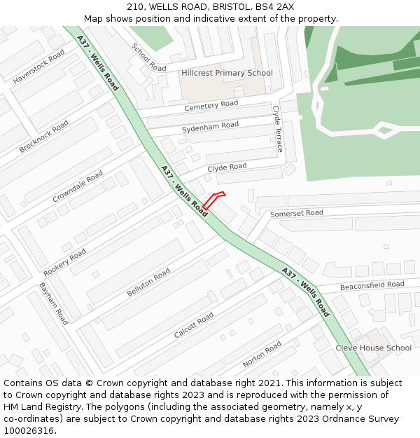 210, WELLS ROAD, BRISTOL, BS4 2AX: Location map and indicative extent of plot