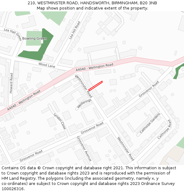 210, WESTMINSTER ROAD, HANDSWORTH, BIRMINGHAM, B20 3NB: Location map and indicative extent of plot