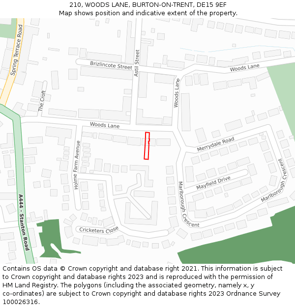 210, WOODS LANE, BURTON-ON-TRENT, DE15 9EF: Location map and indicative extent of plot