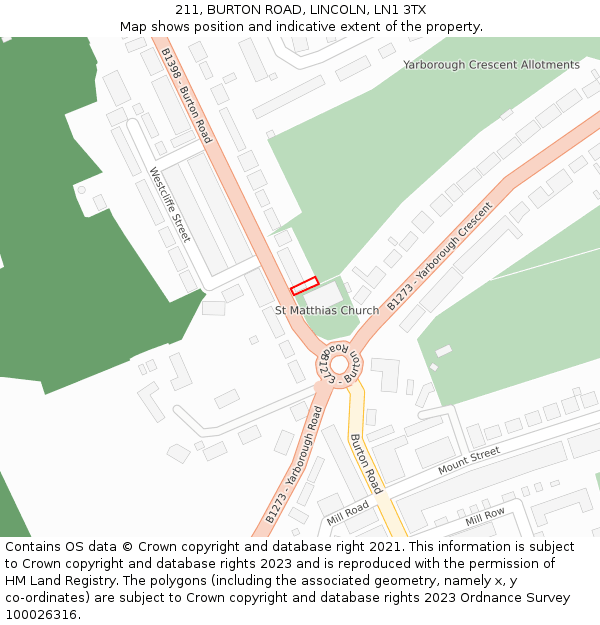 211, BURTON ROAD, LINCOLN, LN1 3TX: Location map and indicative extent of plot