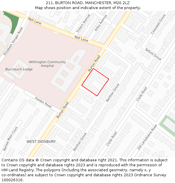 211, BURTON ROAD, MANCHESTER, M20 2LZ: Location map and indicative extent of plot