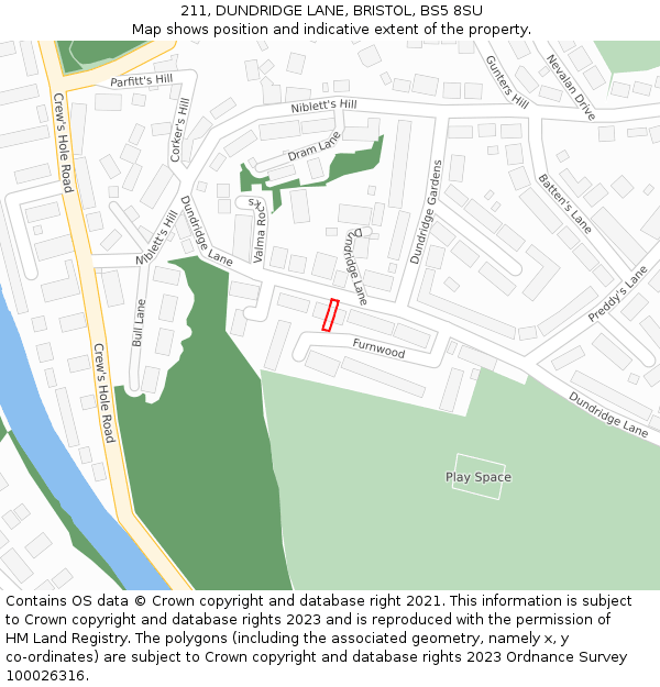 211, DUNDRIDGE LANE, BRISTOL, BS5 8SU: Location map and indicative extent of plot