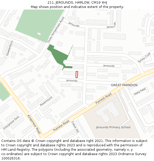 211, JEROUNDS, HARLOW, CM19 4HJ: Location map and indicative extent of plot