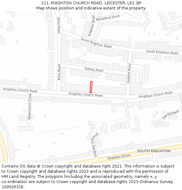 211, KNIGHTON CHURCH ROAD, LEICESTER, LE2 3JP: Location map and indicative extent of plot