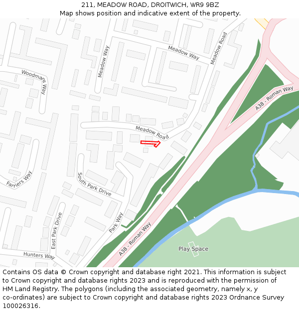 211, MEADOW ROAD, DROITWICH, WR9 9BZ: Location map and indicative extent of plot