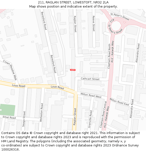 211, RAGLAN STREET, LOWESTOFT, NR32 2LA: Location map and indicative extent of plot