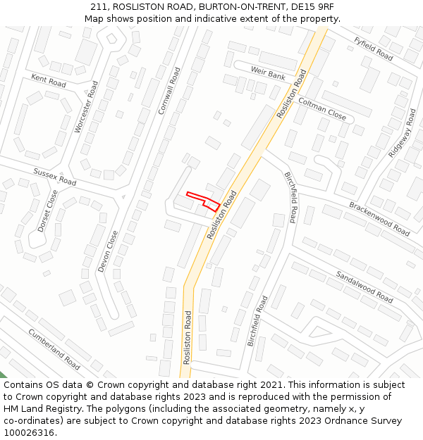 211, ROSLISTON ROAD, BURTON-ON-TRENT, DE15 9RF: Location map and indicative extent of plot